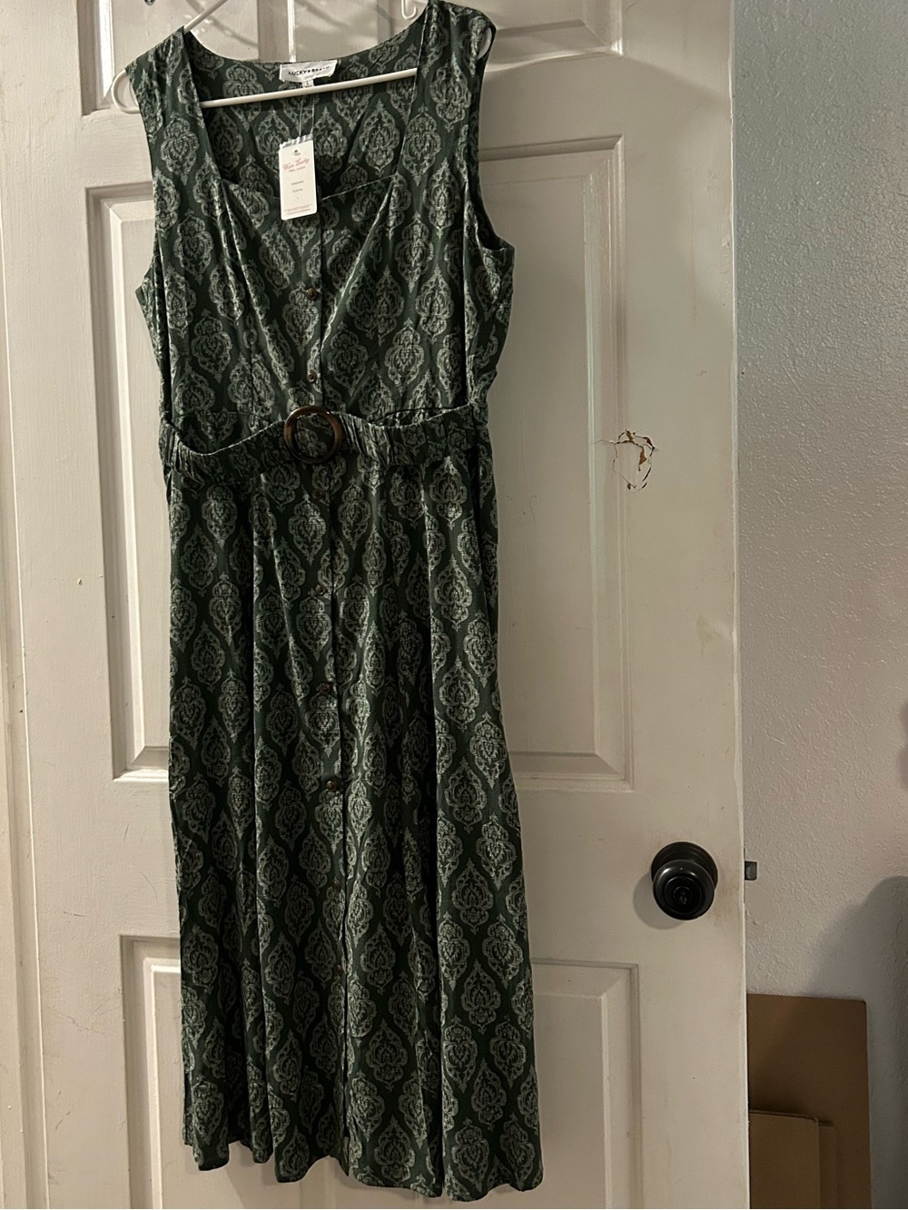 Lucky Brand Sleeveless Green Printed Midi Dress with Belt